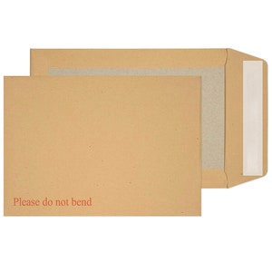 May include: A brown paper envelope with a white adhesive strip and the text "Please do not bend" printed on the front.