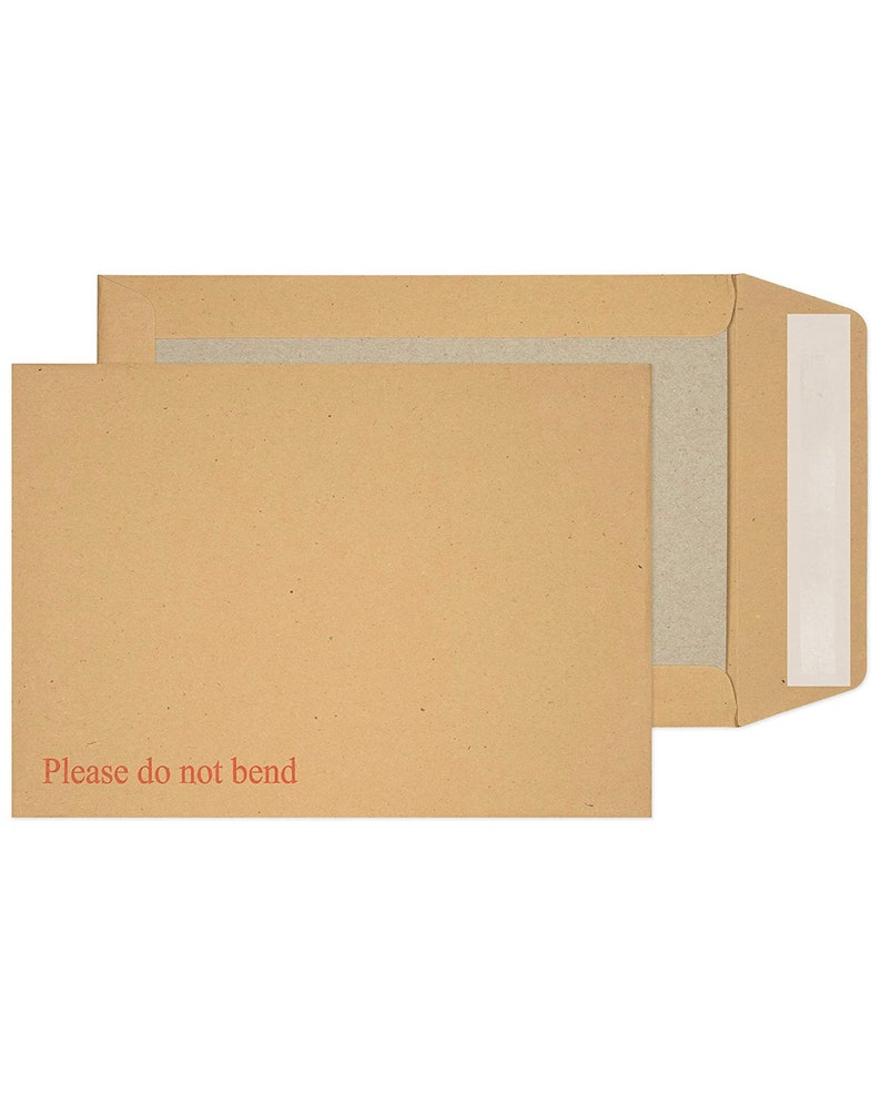 May include: A brown paper envelope with a white adhesive strip and the text "Please do not bend" printed on the front.