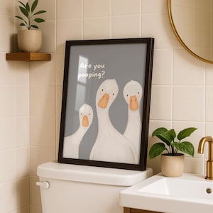 Funny Bathroom Art Print | Silly Goose Poster | Pink Whimsical Wall Decor | Are you pooping Gray
