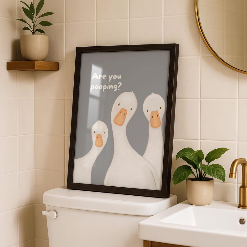 Funny Bathroom Art Print | Silly Goose Poster | Pink Whimsical Wall Decor | Are you pooping Gray