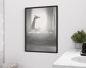 Bathroom art print, black bathroom accessories, giraffe art, funny wall art, bathroom decor, bathroom poster, bathroom wall art, bath print