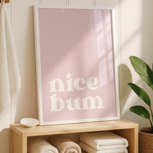 Op de afbeelding: Een rechthoekige wandkunstprint in een witte lijst met een effen lichtroze achtergrond en de tekst "nice bum" gedrukt in een vet, wit, afgerond schreeflettertype. Het kunstwerk wordt verticaal weergegeven met strakke lijnen.