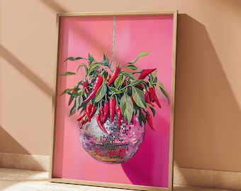 Disco Ball & Chili Pepper Print: Funky Kitchen Wall Art