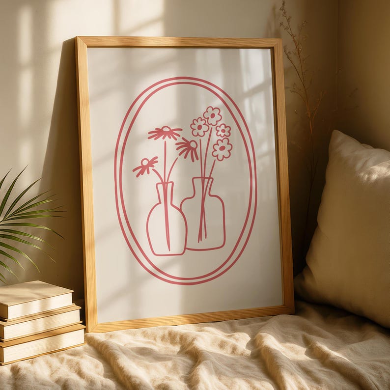 Flower Line Art Print - Boho Bedroom Wall Decor - Floral Art - Muted ...