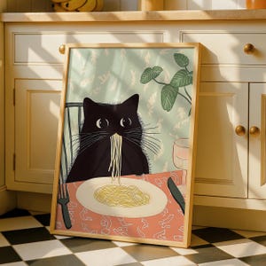 Stampa artistica di gatto nero - Stampe di pasta - Decorazioni per la cucina - Arte da pranzo - Divertente arte murale