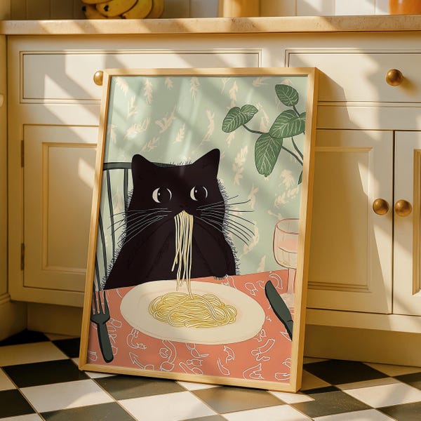 Konsttryck med svart katt - Pastatryck - Köksinredning - Matplatskonst - Rolig väggkonst