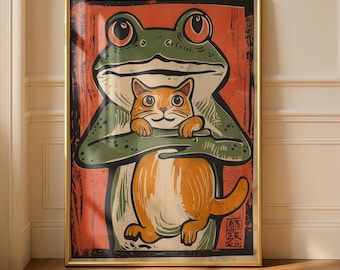 Frog and Cat - Cat Art Print - Ginger Cat Art - Frog Prints - Gallery Wall Poster - Japanese Poster