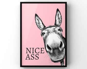 Funny Donkey Bathroom Print: Pink Bathroom Decor, Wall Art A2
