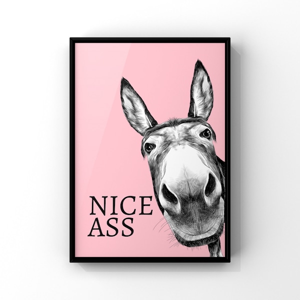 Nice ass, donkey in bathroom, Bathroom decor, Bathroom accessories, pink prints,  funny bathroom print, bathroom art, wall art prints A2