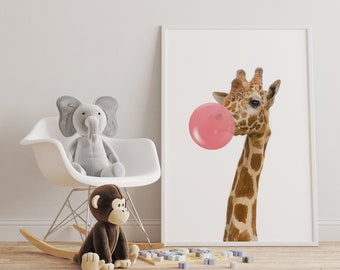 Bubblegum animal,  Giraffe art, nursery decor, nursery art, kids room prints giraffe decor, giraffe accessories, toddler  art, wall print