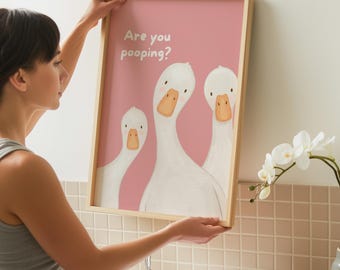 Funny Bathroom Art Print | Silly Goose Poster | Pink Whimsical Wall Decor | Are you pooping