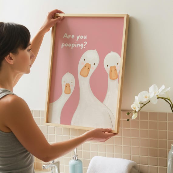 Funny Bathroom Art Print | Silly Goose Poster | Pink Whimsical Wall Decor | Are you pooping