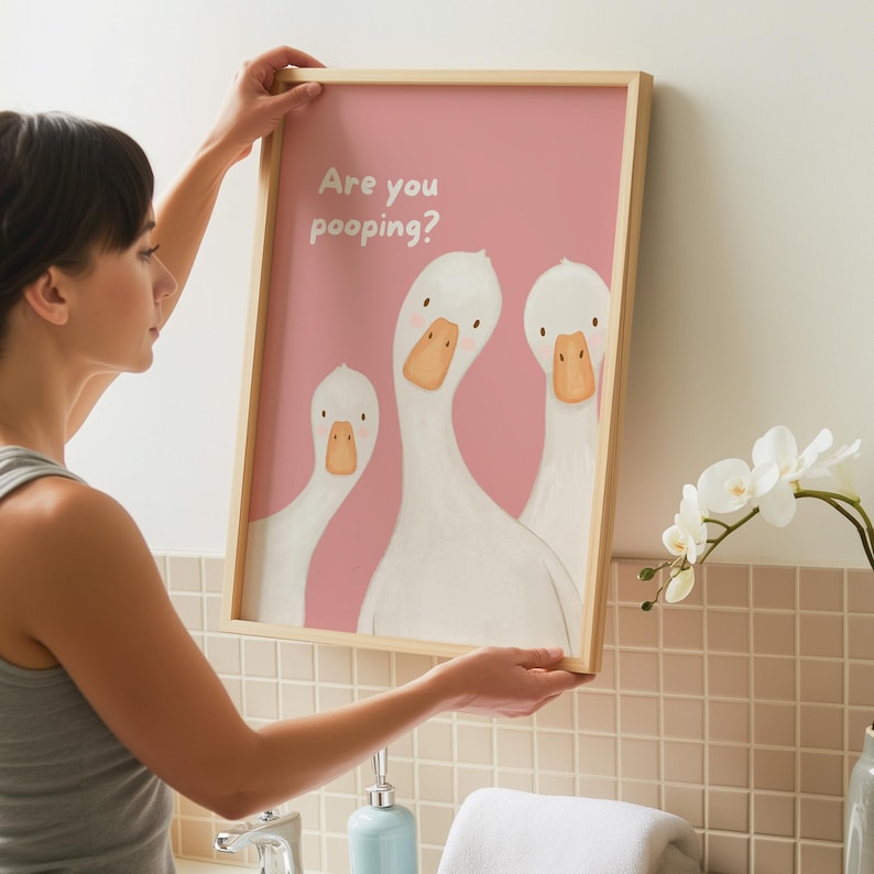 Funny Bathroom Art Print | Silly Goose Poster | Pink Whimsical Wall Decor | Are you pooping Pink