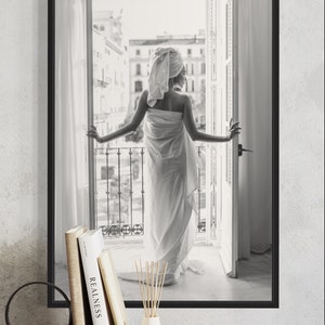 Black and White Bathroom Print: Woman on Balcony Wall Art