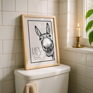 May include: Framed black and white print featuring a donkey's face with the text "HEY. NICE ASS" in a light wood frame. The print is displayed on a white toilet in a bathroom setting.