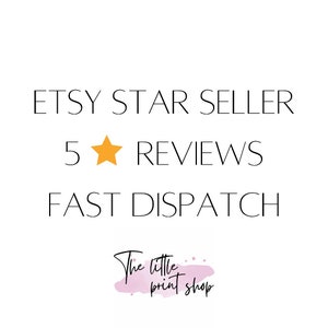 May include: Etsy Star Seller badge with a five-star rating and the text "5 REVIEWS FAST DISPATCH". The text "The little print shop" is written in a handwritten font on a pink watercolor background.