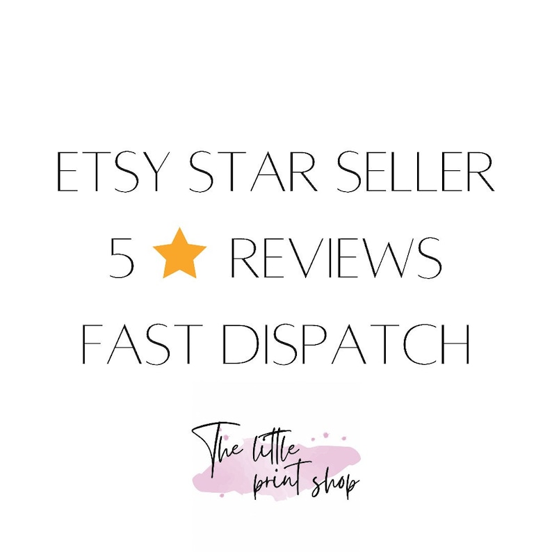 May include: Etsy Star Seller badge with a five-star rating and the text "5 REVIEWS FAST DISPATCH". The text "The little print shop" is written in a handwritten font on a pink watercolor background.