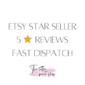 May include: Etsy Star Seller badge with a gold star and the text "5 Reviews" and "Fast Dispatch". The text "The little print shop" is written in a handwritten font on a pink watercolor background.