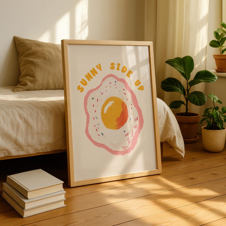 A framed print of a sunny-side-up egg with a pink and yellow border and the words "SUNNY SIDE UP" in yellow letters, leaning against a bed in a sunlit room.