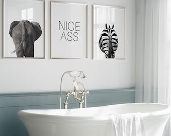 Funny Bathroom Prints |Set of 3 Posters | Animal Wall Art |