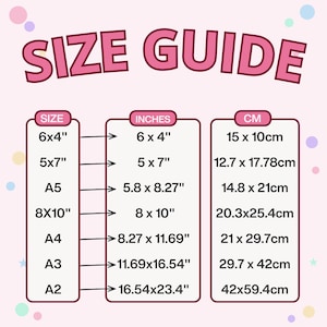 A graphic with a pink background shows a "SIZE GUIDE" with a table listing print sizes in inches and centimeters.