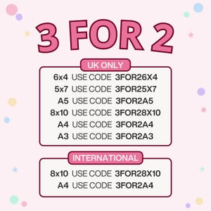 A pink graphic with "3 FOR 2" at the top, followed by UK ONLY and INTERNATIONAL sections listing sizes and corresponding discount codes.