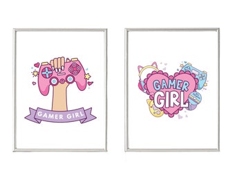 Set of 2 gamer girl prints, gaming prints, gamer print, gamer decor, gamer accessories, girl room prints, girl gaming room posters, pink gam