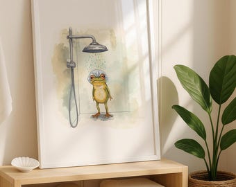 Decorazioni verdi per il bagno / Stile cottagecore / Stampa divertente con rana / Quadri per la doccia / Poster per il bagno