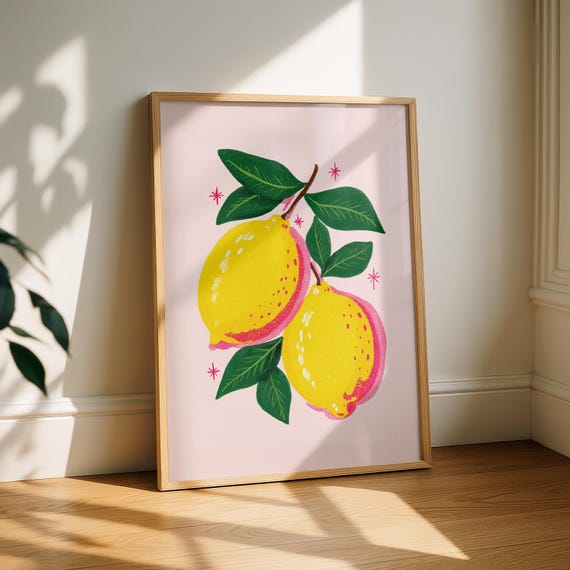 Lemons Art - Lemon Print - Kitchen Wall Art - Funky Home Decor - Pink Yellow Art - Fruit Prints