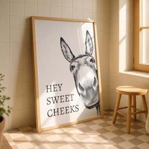 Lámina artística de baño con burro divertido: decoración de baño con mejillas dulces