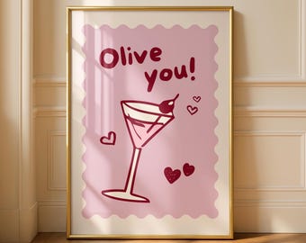 Olive You Kitchen Print -  Fun Colourful Wall Art - Pink Prints - Olives - Martini