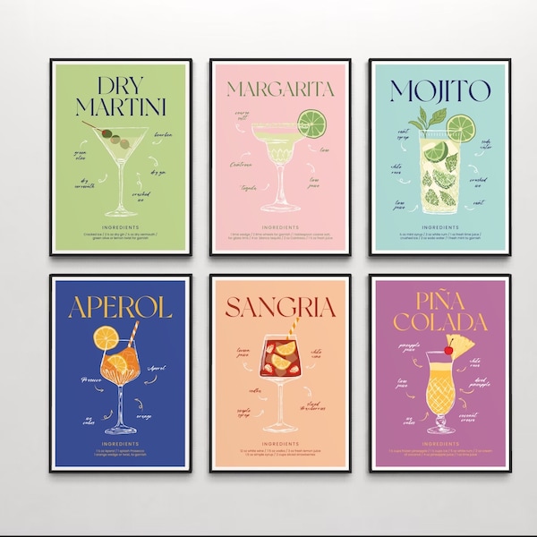 Drinks menu  prints, prints for home bar, kitchen decor, cocktail prints, cocktail recipe, kitchen decor, prints about alcohol, kitchen art