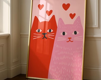 Love Prints - Cat Art Print - pink Cat Art - Gallery Wall Poster - cute Poster