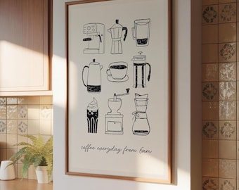 May include: A framed wall art print featuring black line drawings of various coffee brewing equipment, including an espresso machine, moka pot, and French press, with the text "coffee everyday from 6am" printed in a cursive script at the bottom.