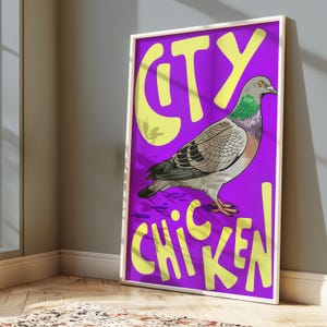City Chicken, funny  print, whimsical wall art, purple  poster, pigeon wall decor, cottagecore decor, pigeon posters, home decor art, fun po