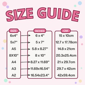 A graphic titled "SIZE GUIDE" showing a table of print sizes in inches and centimeters, with arrows pointing from size names to their dimensions.