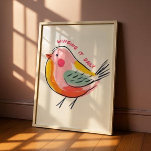 Winging It - Colourful Bird Wall Art - Kitchen Decor - Bright Modern Print -  Pastel posters