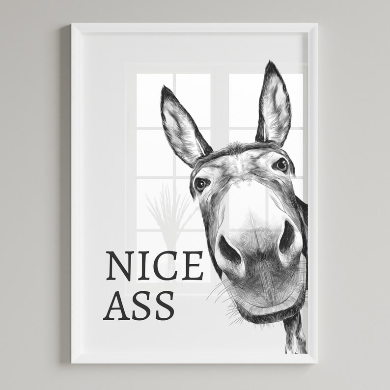 White and grey bathroom wall art print featuring a donkeys face with the humourous quote Nice Ass.