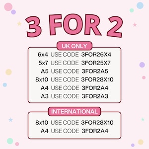 A pink background with "3 FOR 2" in large purple letters at the top, followed by "UK ONLY" and a list of sizes and corresponding discount codes, then "INTERNATIONAL" with more sizes and codes.