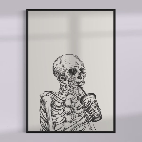 Skull print, skull decor, skull wall art, gothic decor, black and white prints, coffee prints, emo decor, skeleton art, kitchen prints