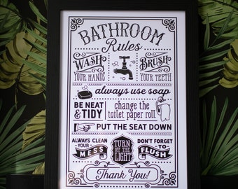 Funny Bathroom Rules Print: Wash Brush Flush - A3 A4 A5 Wall Art