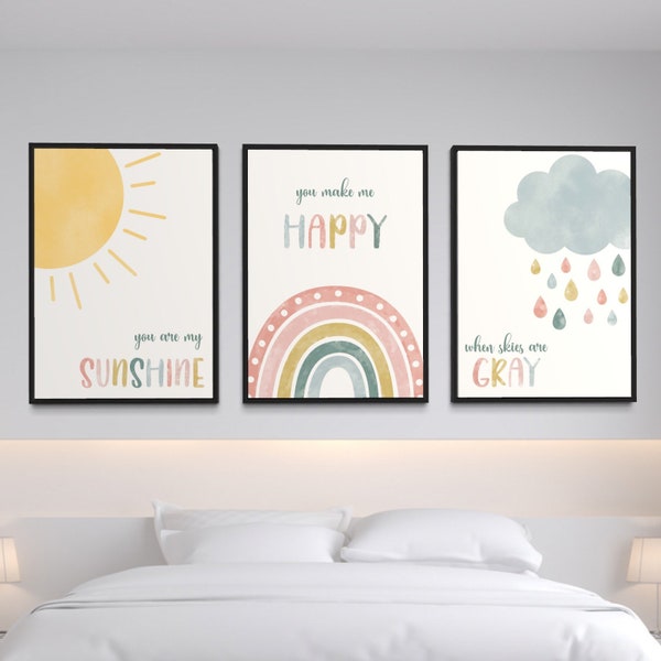 Set of 3 nursery prints, you are my sunshine prints, kids bedroom decor, song lyrics, children’s bedroom decor, neutral kids room prints