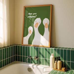 Funny Bathroom Art Print | Silly Goose Poster | Pink Whimsical Wall Decor | Are you pooping Green