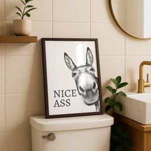 May include: A framed wall art print featuring a black and white illustration of a donkey head looking forward. The text NICE ASS is printed in black sans-serif capital letters on the left side of the donkey. The print is enclosed in a dark frame.