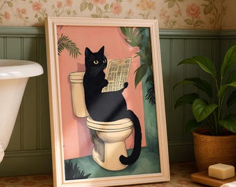 Black Cat Bathroom Art Print -  Funny Home Decor - Prints for bathroom - Shower Wall Art - Bathroom Wall Decor