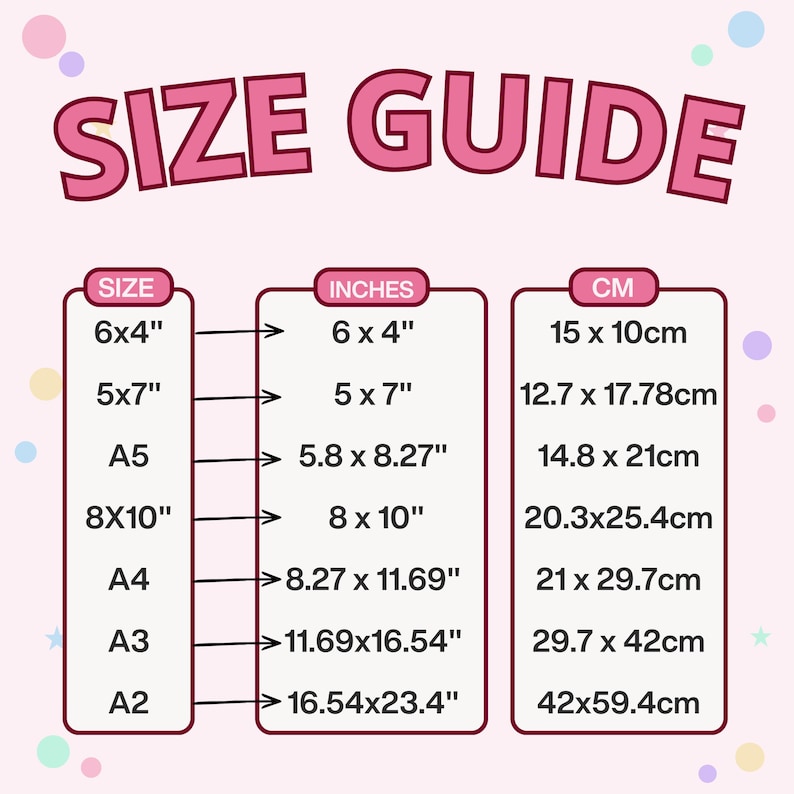A pink graphic titled "SIZE GUIDE" showing a table with paper sizes in inches and centimeters.