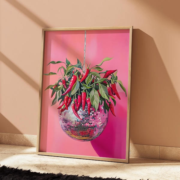 Arte de bola de discoteca / Póster de cocina de chile / Lámina maximalista ecléctica / Ideas coloridas para paredes de galería