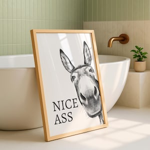 May include: A framed wall art print featuring a black and white charcoal-style illustration of a donkey's head looking forward. The text "NICE ASS" is printed in bold black capital letters on the left side of the white background within the frame.