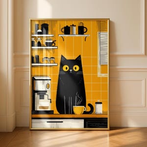 May include: A framed art print featuring a black cat illustration in a kitchen setting. The cat has large yellow eyes and sits near a yellow coffee cup. The background is yellow with kitchen shelves, a coffee maker, and a window.