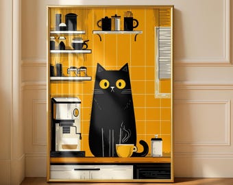May include: A framed art print featuring a black cat illustration in a kitchen setting. The cat has large yellow eyes and sits near a yellow coffee cup. The background is yellow with kitchen shelves, a coffee maker, and a window.